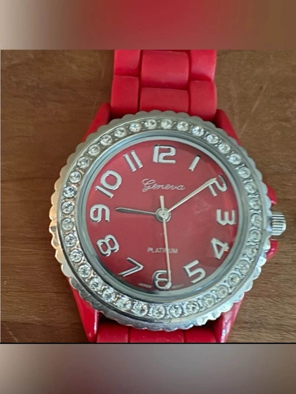 Geneva Platinum Red Dial Crystal Bezel Red Rubber Band Watch - needs Battery
